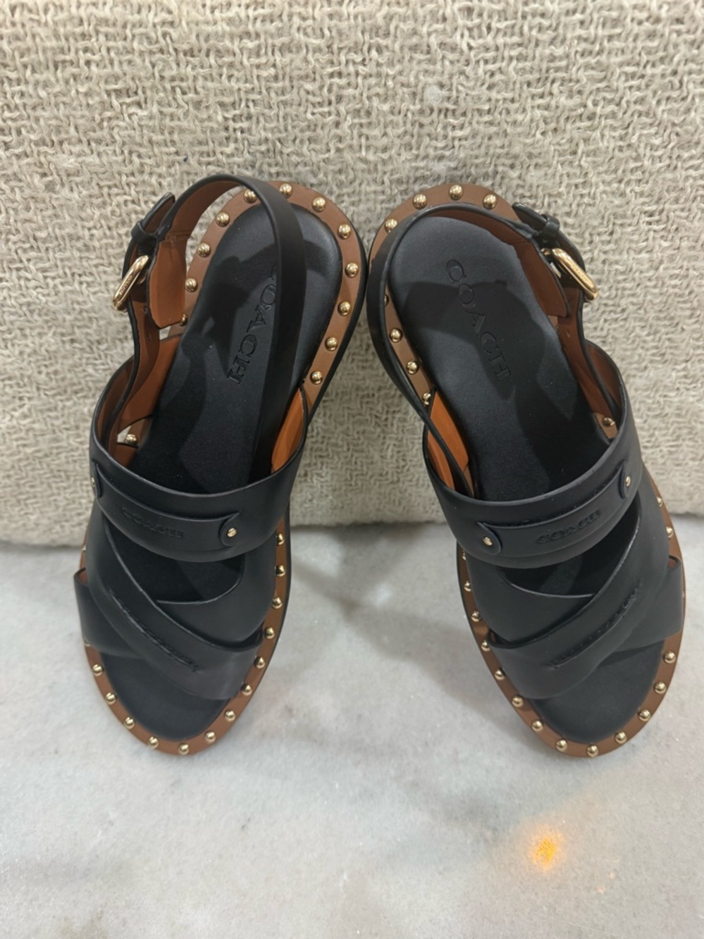 Coach Black Leather Studded Cross-Strap Sandals New Size 9 - Picture 3 of 6